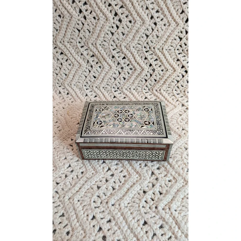 Vintage Mosaic Marquetry Wood Jewelry Box Mother of Pearl Inlay Keepsake